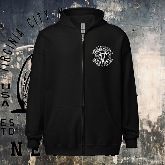 "I Tell My Evil Where to Fly" women's motorcycle zip hoodie in black — front view | VCMCo.