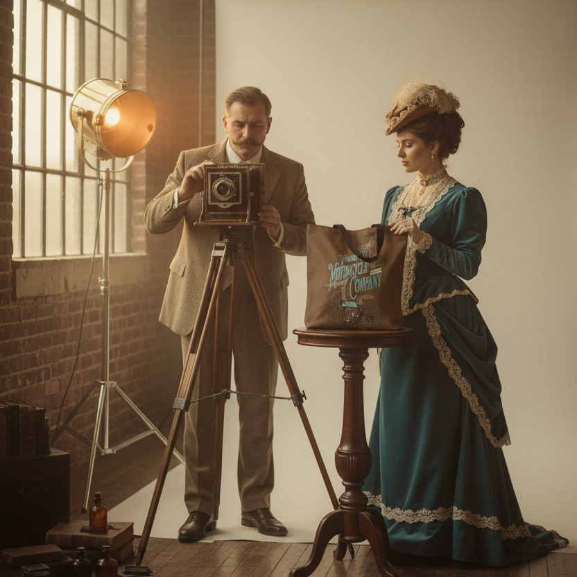 A vintage-style scene in a studio with a man operating a large camera on a tripod and a woman in an ornate teal dress standing beside a table holding a brown tote bag with blue text. A studio light, brick wall, window, and white backdrop are visible.