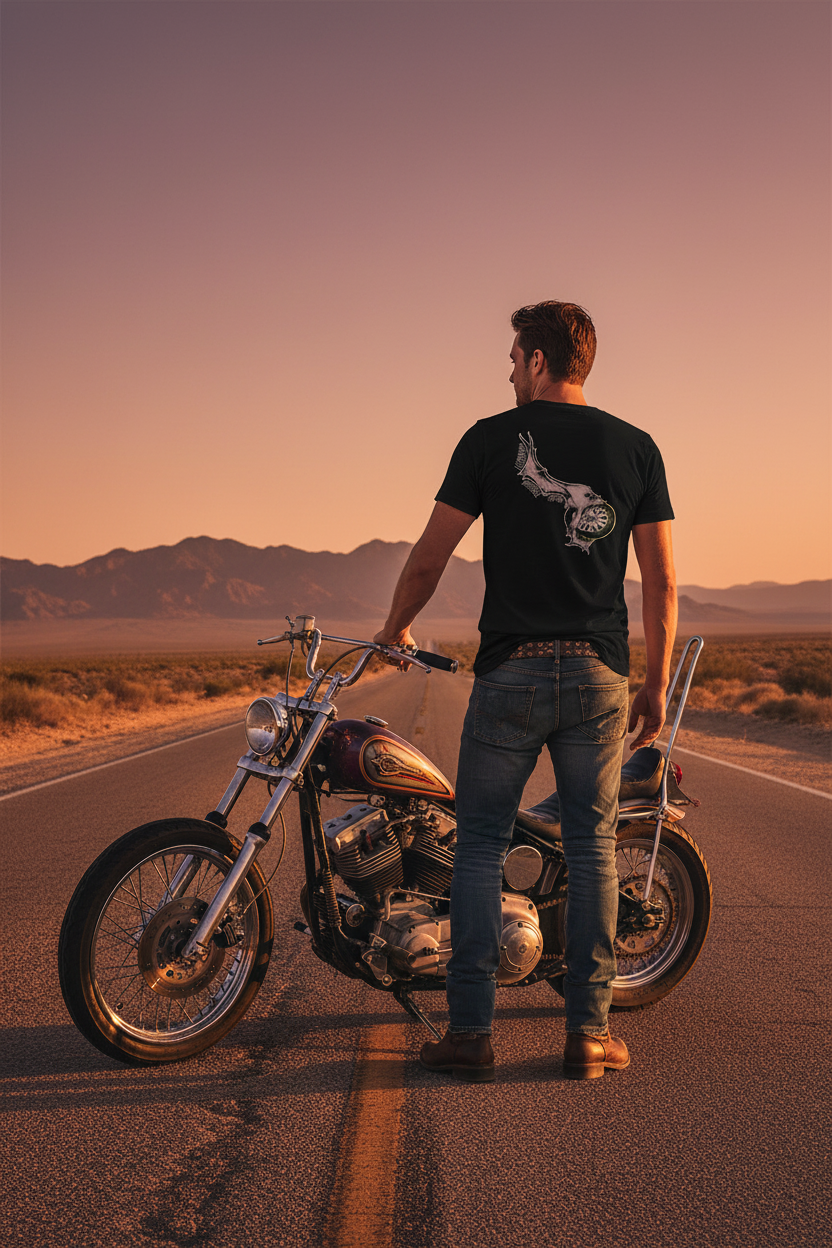 VCMC Men's Black Tee Lifestyle image with a man on a long stretch of road and a custom motorcycle