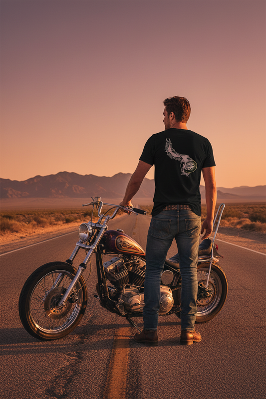 VCMC Men's Black Tee Lifestyle image with a man on a long stretch of road and a custom motorcycle