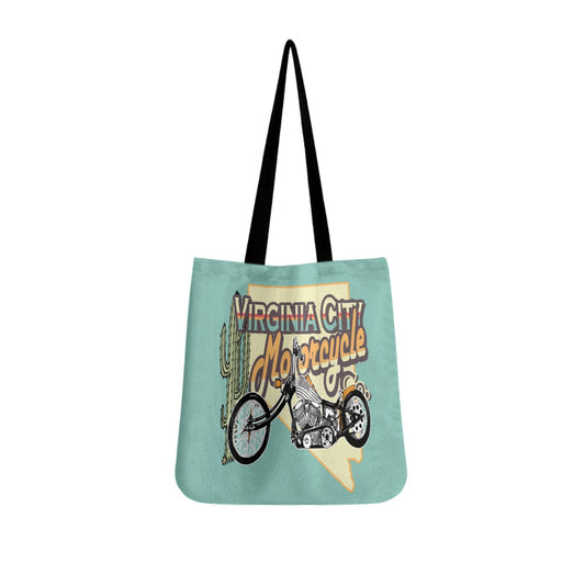 VCMCo. Chopper Freedom Cloth Tote in teal with retro Virginia City Motorcycle Company chopper graphic and Nevada state outline