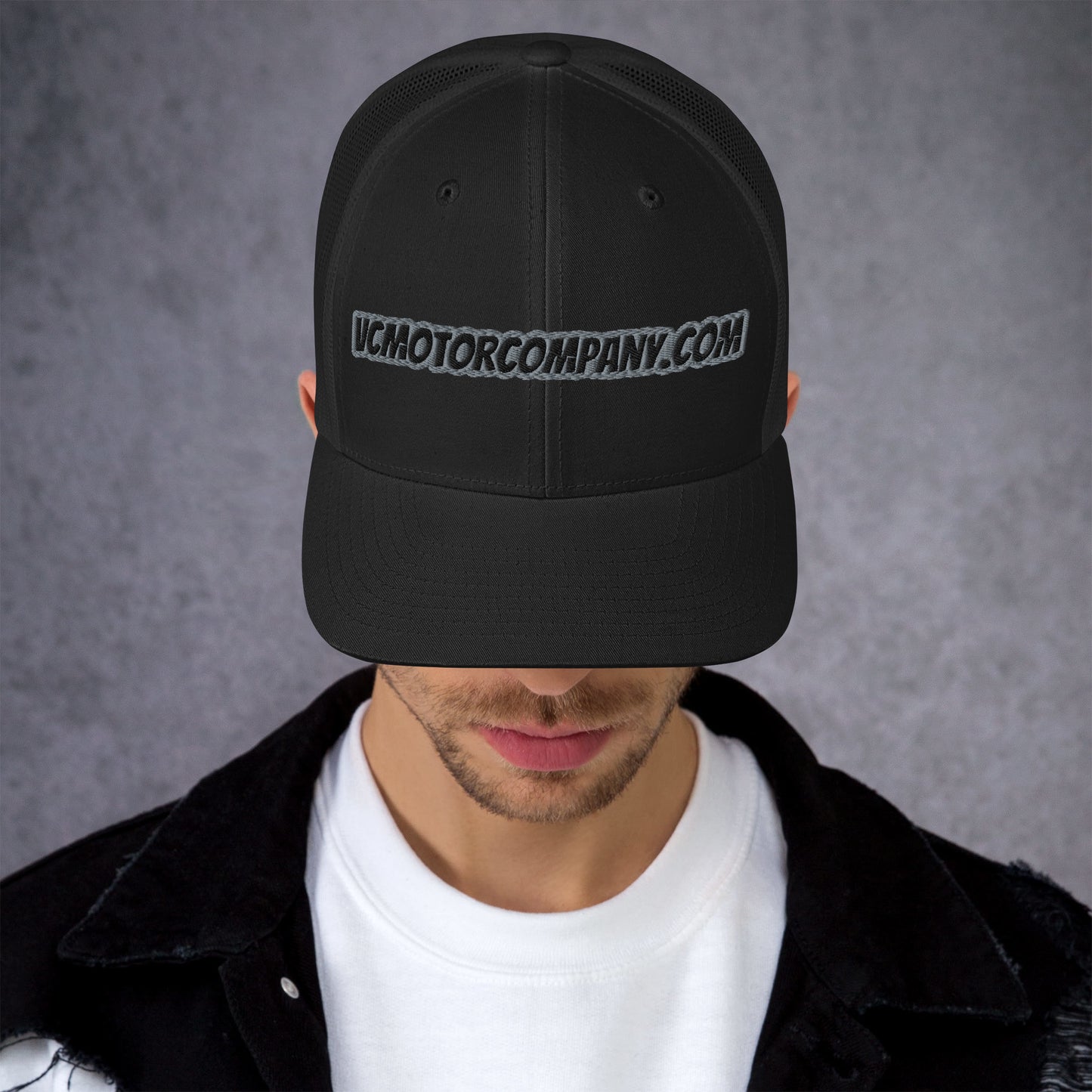 VCMCo. Trucker Cap in Black — Front View | Virginia City Motorcycle Company Mesh Back Biker Hat
