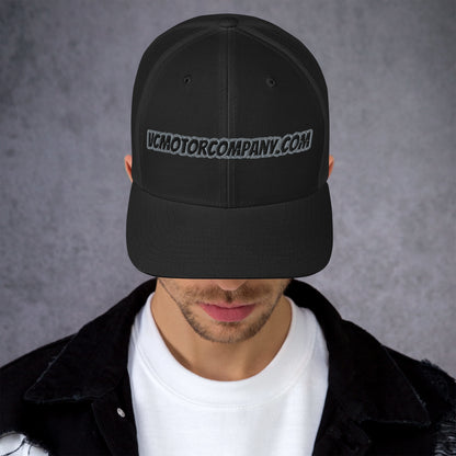 VCMCo. Trucker Cap in Black — Front View | Virginia City Motorcycle Company Mesh Back Biker Hat