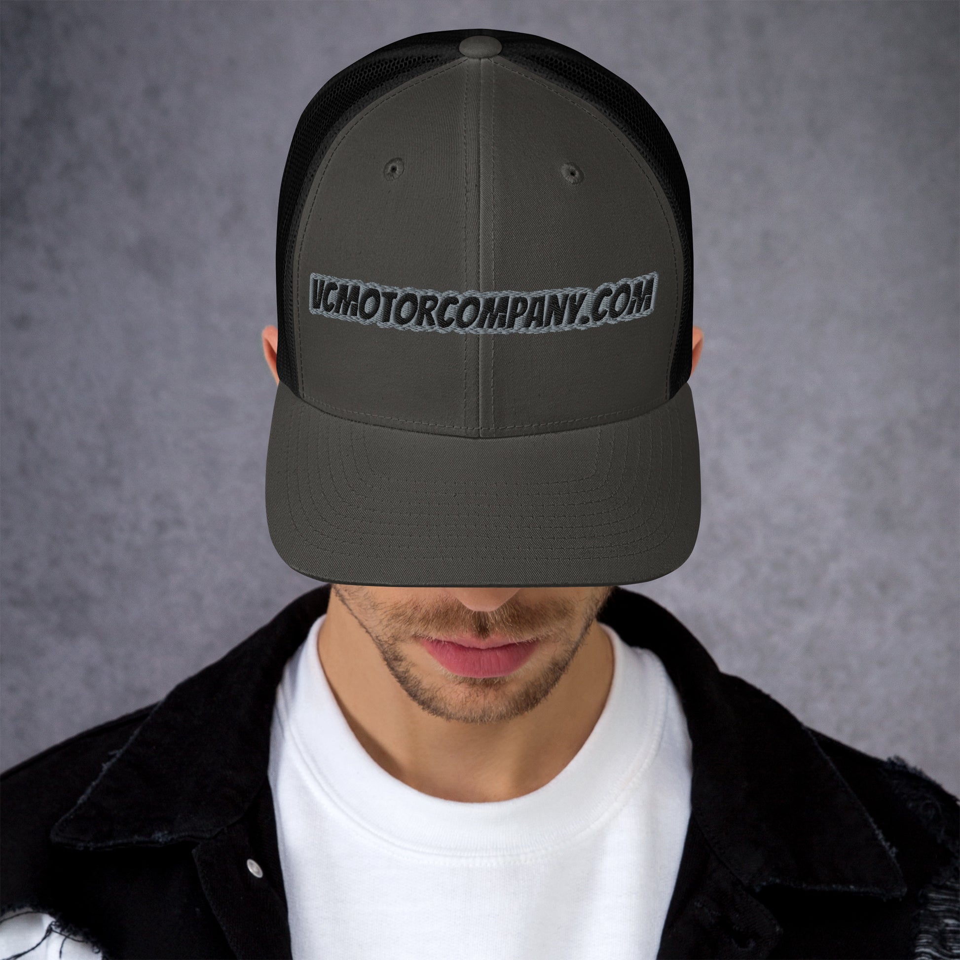 VCMCo. Trucker Cap in Charcoal Black — Front View | Virginia City Motorcycle Company Mesh Back Hat