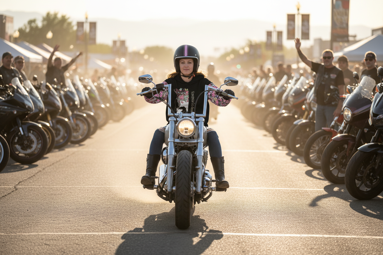 Woman rider in skull flower hoodie at motorcycle rally