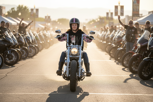 Woman rider in skull flower hoodie at motorcycle rally