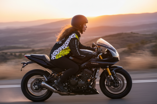 Woman rider on evening motorcycle ride wearing hi-viz hoodie