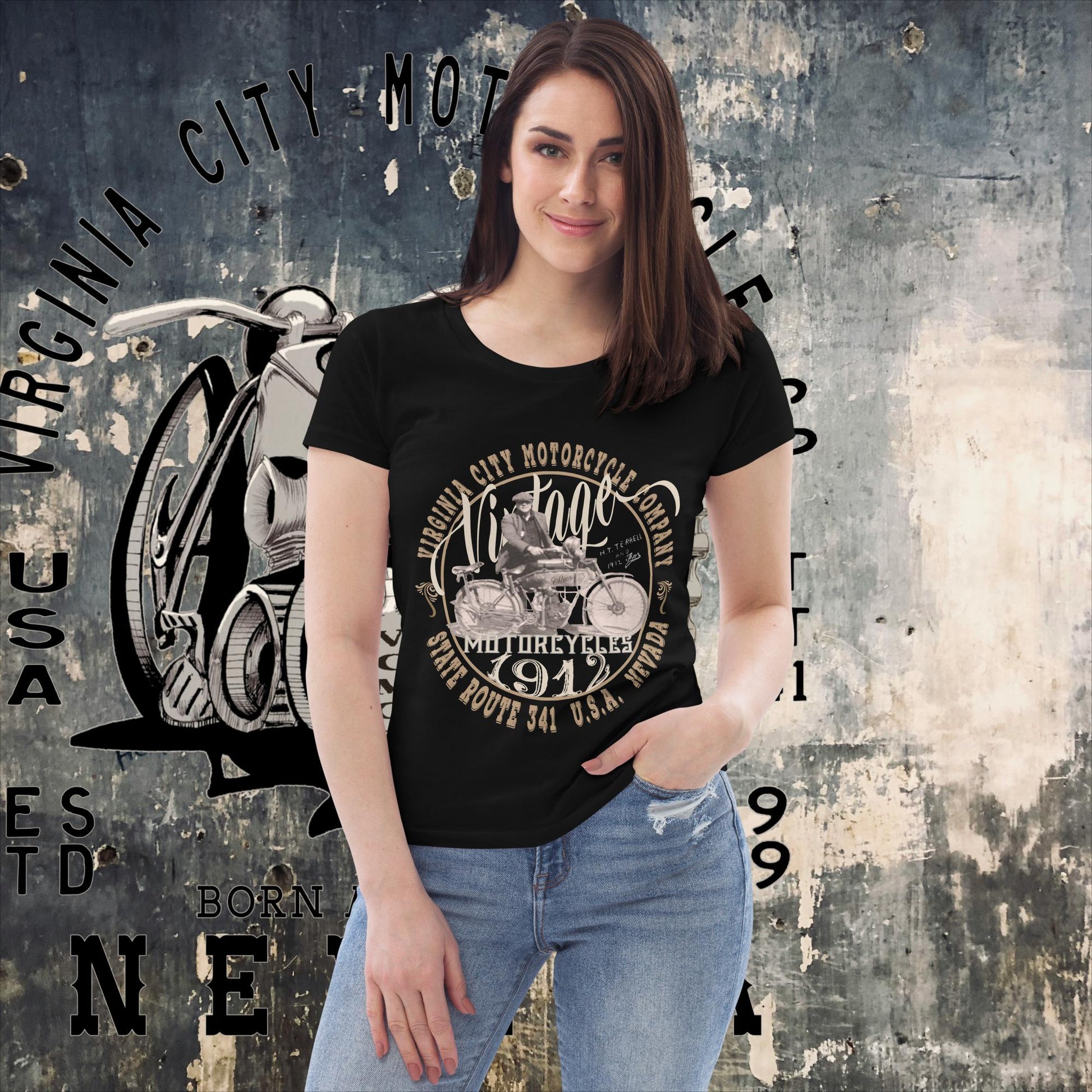 Betsy - a 1912 Thor Motorcycle Women's fitted eco tee  Virginia City Motorcycle Company Apparel in Nevada USA