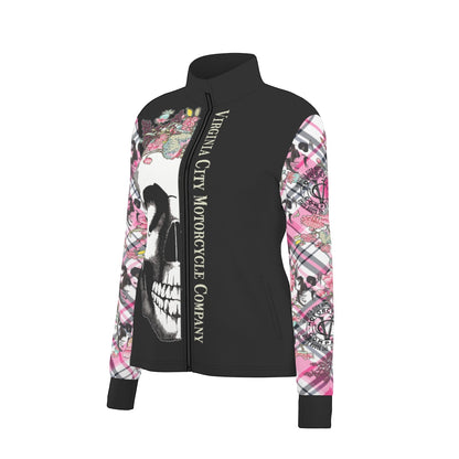 Skull and Flower Ladies Zip Up Thumbhole Jacket fashion-hoodies Virginia City Motorcycle Company Apparel in Nevada USA