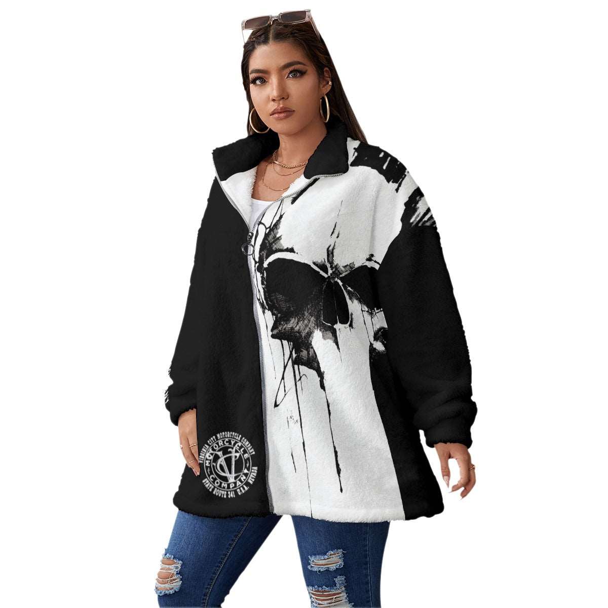 Black and White Skull - Oversize Fuzzy Fleece Zip Up (Plus Size) Hoodie Virginia City Motorcycle Company Apparel 