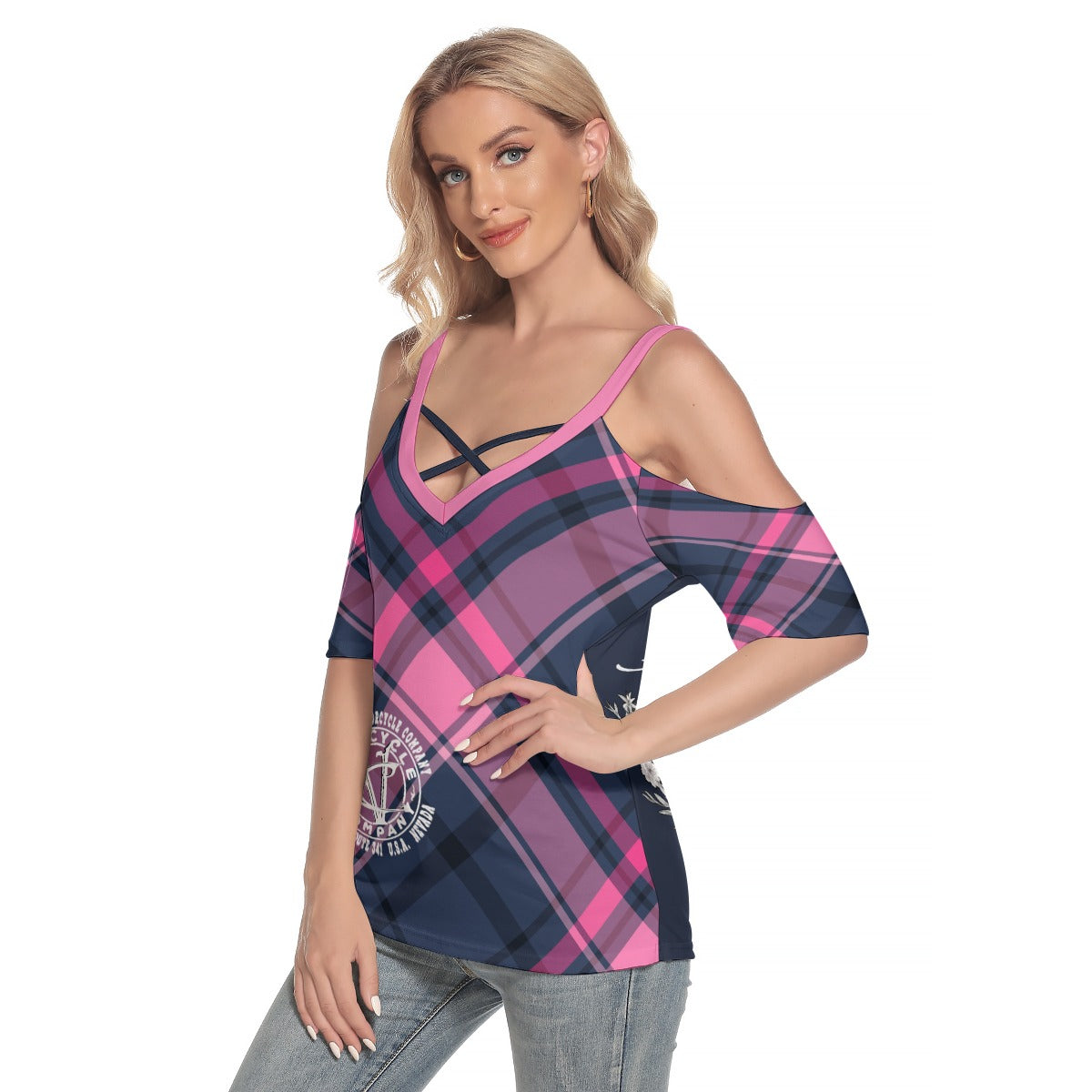 Plaid Girl Classic Bike - Ladies Off The Shoulder Blouse  Virginia City Motorcycle Company Apparel 