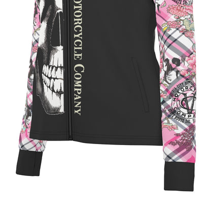 Skull and Flower Ladies Zip Up Thumbhole Jacket fashion-hoodies Virginia City Motorcycle Company Apparel in Nevada USA