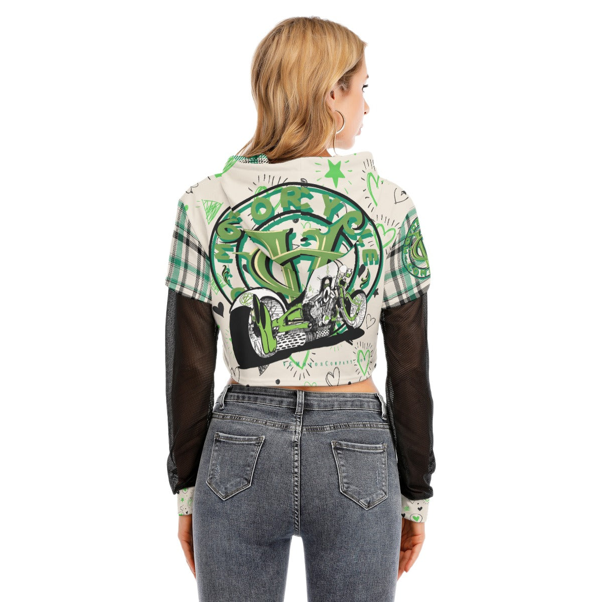 Rayne- One Bad Ass Bike - Girls Green Crop Top Motorcycle Hoodie  Virginia City Motorcycle Company Apparel 