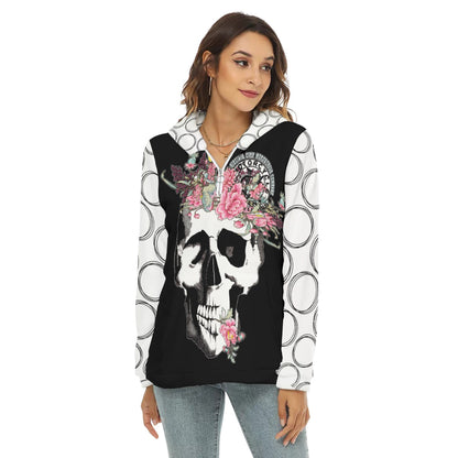 Skull + Flower - Women's Fuzzy Fleece Hoodie With Half Zip Hoodie Virginia City Motorcycle Company Apparel 