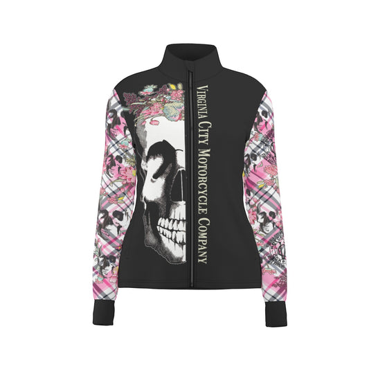 Skull and Flower Ladies Zip Up Thumbhole Jacket fashion-hoodies Virginia City Motorcycle Company Apparel in Nevada USA