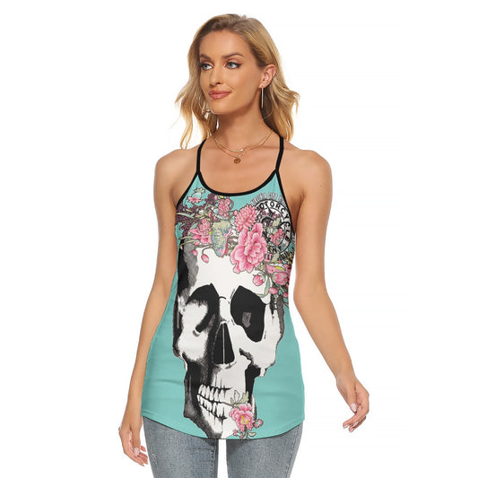 Skull + Flower Teal Crisscut Racerback Tank Ladies Tank Top Virginia City Motorcycle Company Apparel 