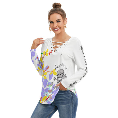 Skull & Cross Bones - Women's Long Sleeve Neckline Tie Skull Sweatshirt Ladies Long Sleeve Virginia City Motorcycle Company Apparel 