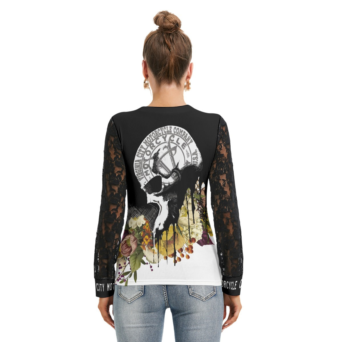 Black and Flower Skull T-Shirt with Lace Arms Ladies T-Shirt Virginia City Motorcycle Company Apparel 