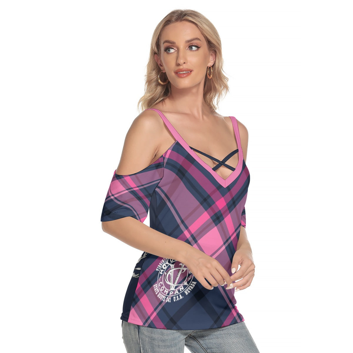 Plaid Girl Classic Bike - Ladies Off The Shoulder Blouse  Virginia City Motorcycle Company Apparel 