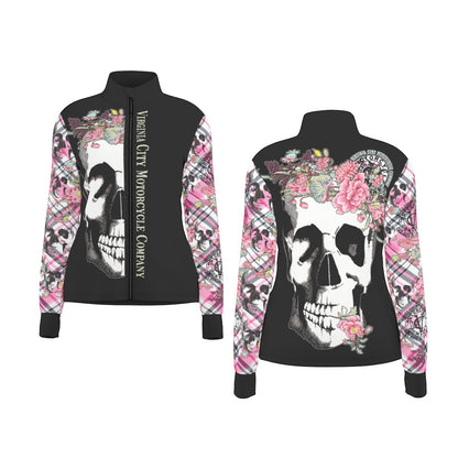 Skull and Flower Ladies Zip Up Thumbhole Jacket fashion-hoodies Virginia City Motorcycle Company Apparel in Nevada USA