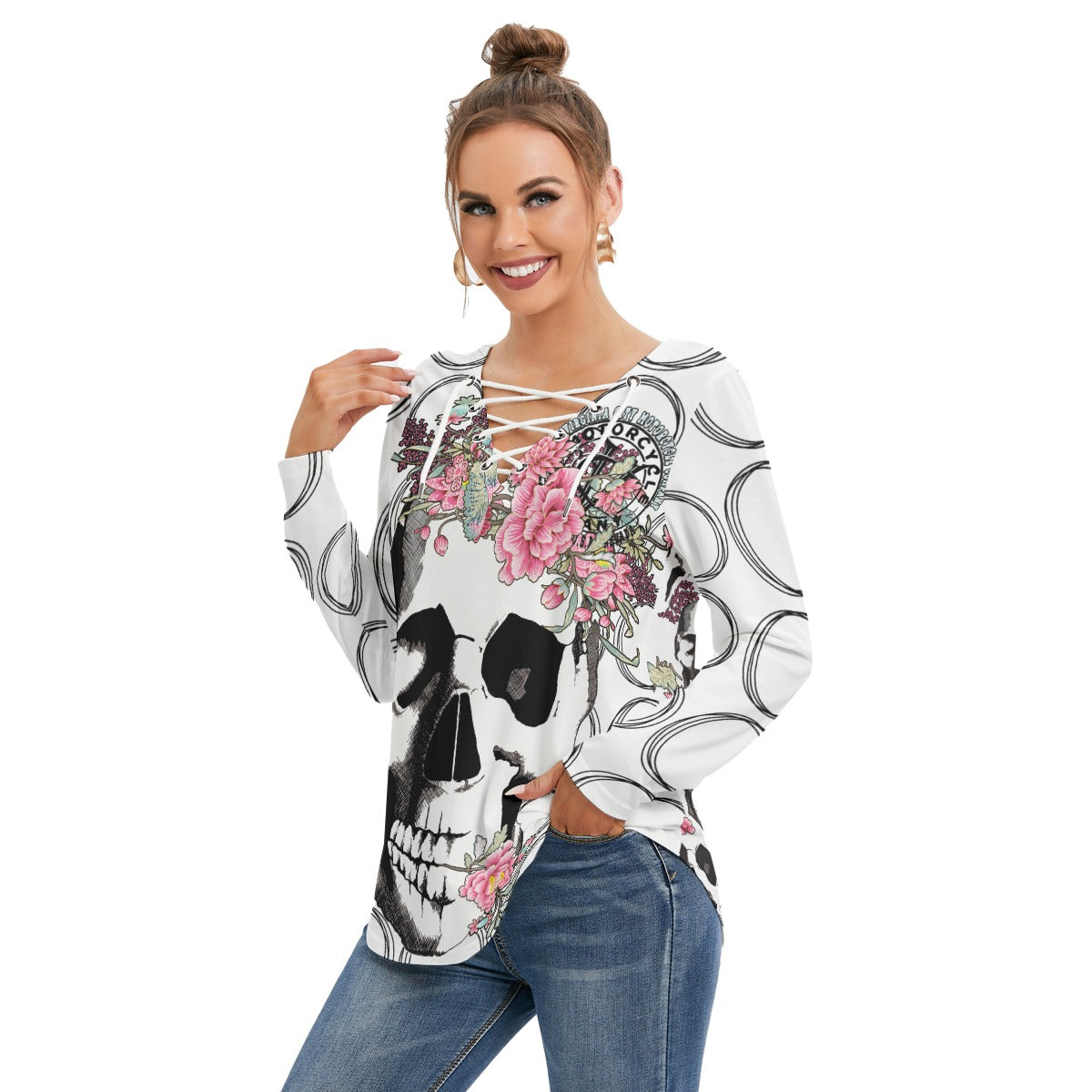 Skull + Flower Women's Long Sleeve Shirt  Virginia City Motorcycle Company Apparel in Nevada USA