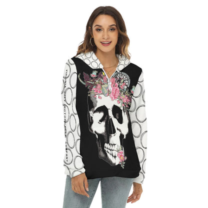 Skull + Flower - Women's Fuzzy Fleece Hoodie With Half Zip Hoodie Virginia City Motorcycle Company Apparel 