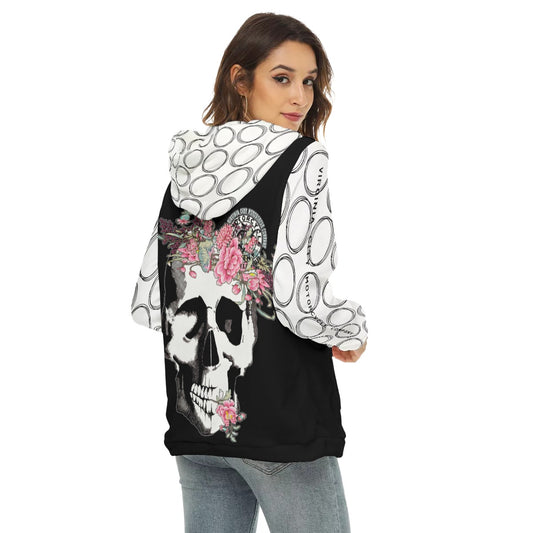 Skull + Flower - Women's Fuzzy Fleece Hoodie With Half Zip Hoodie Virginia City Motorcycle Company Apparel 