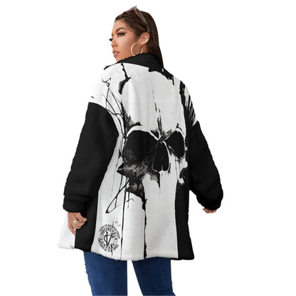 Black and White Skull - Oversize Fuzzy Fleece Zip Up (Plus Size) Hoodie Virginia City Motorcycle Company Apparel 