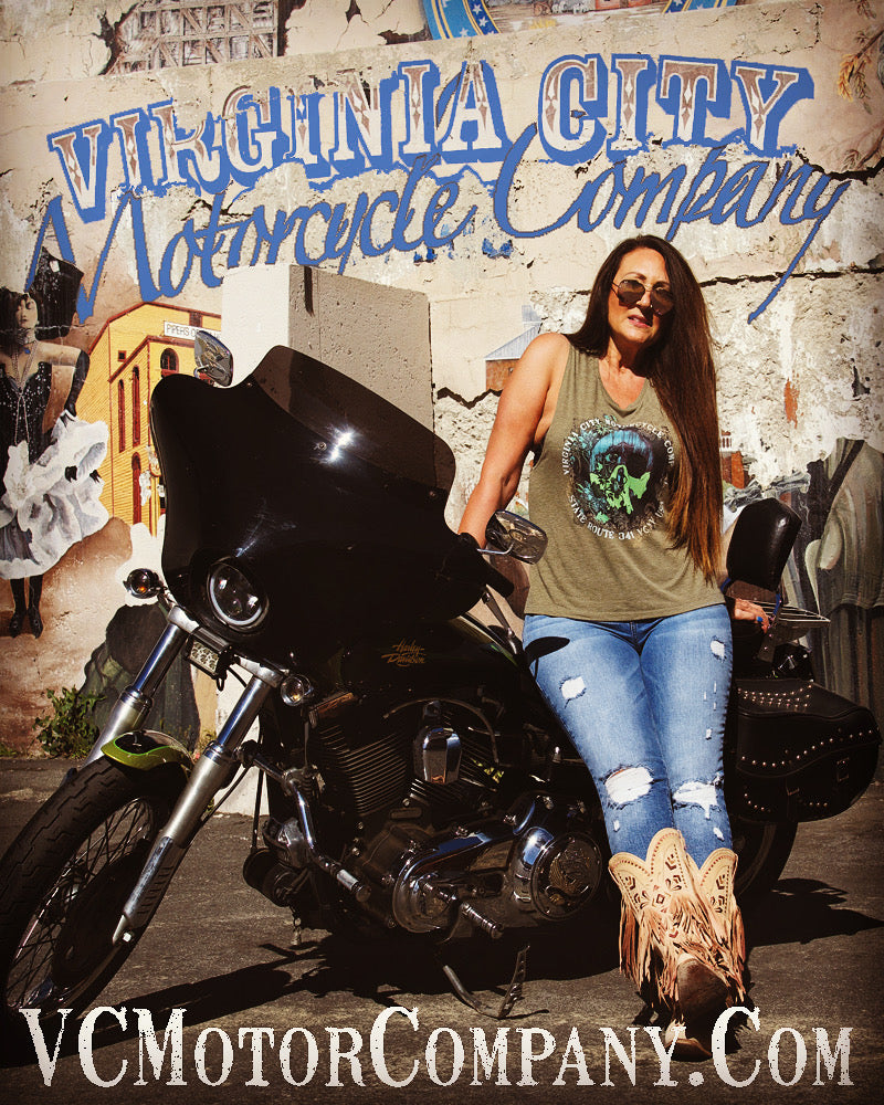 Biker Women with Green Flower Skull Muscle Tank top only by Virginia City Motorcycle Company