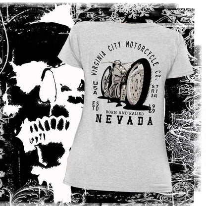 Born & Raised - Women’s Recycled V-Neck Motorcycle T-Shirt Ladies T-Shirt Virginia City Motorcycle Company Apparel 
