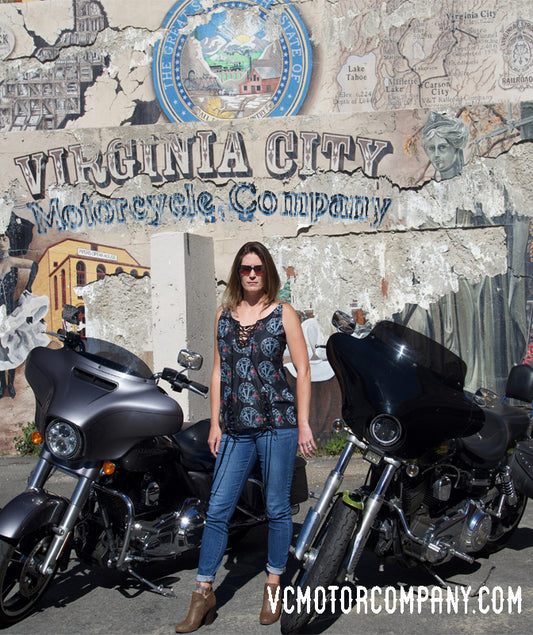 Biker women with lace up cami top by Virginia City Motorcycle Company