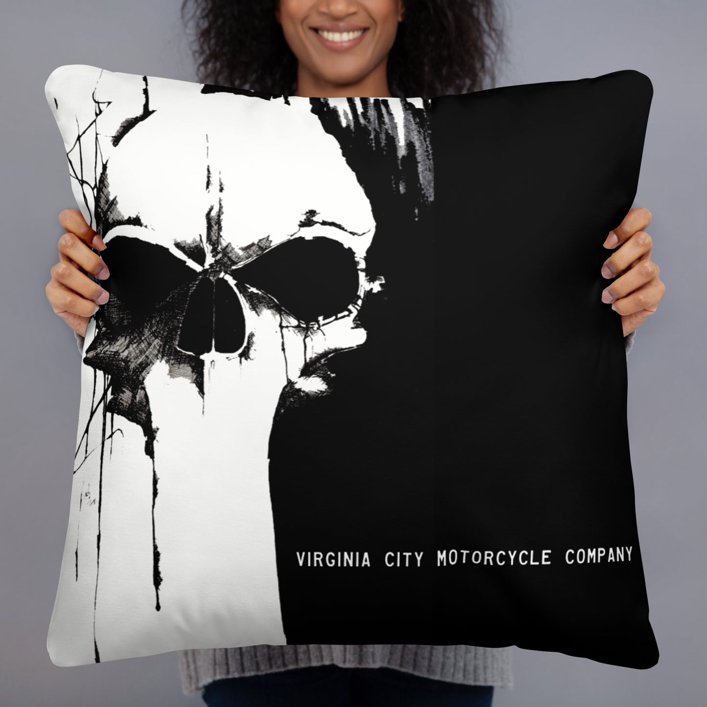 Black and White Skull Throw Pillow pillow Virginia City Motorcycle Company Apparel 