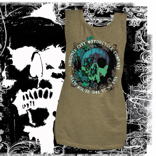 Green Flower Skull - Ladies’ Muscle Tank Ladies Tank Top Virginia City Motorcycle Company Apparel 