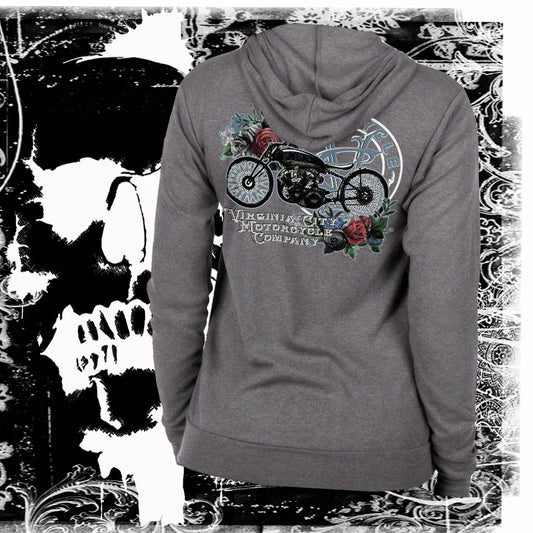 Vintage Lady Racer Motorcycle Zip up Hoodie Hoodie Virginia City Motorcycle Company Apparel 