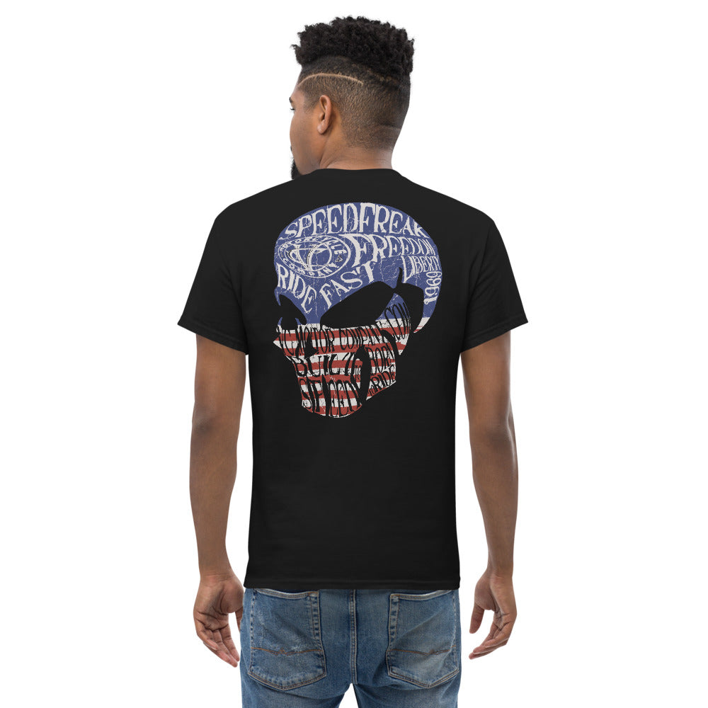Old Style Patriotic Skull Heavyweight Black T-Shirt Men's T-Shirt Virginia City Motorcycle Company Apparel 