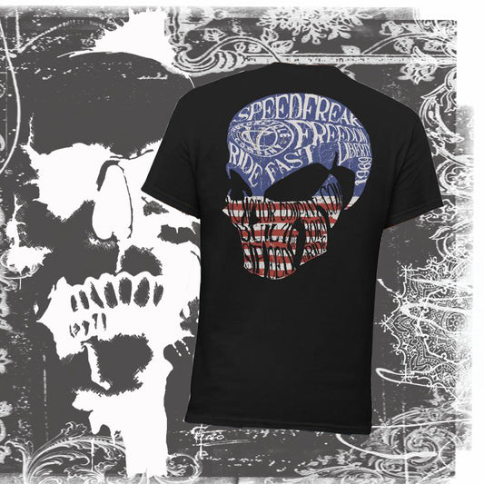 Old Style Patriotic Skull Heavyweight Black T-Shirt Men's T-Shirt Virginia City Motorcycle Company Apparel 