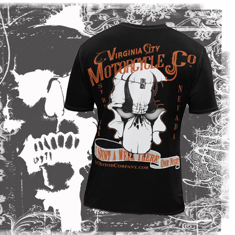 One Night in VC .....  Men's Skull Black Motorcycle T-shirt Men's T-Shirt Virginia City Motorcycle Company Apparel 