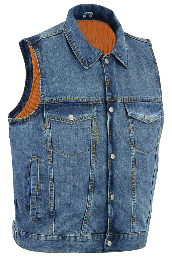 DM970BU Snap Front Denim Vest- Blue Men's Vests Virginia City Motorcycle Company Apparel 