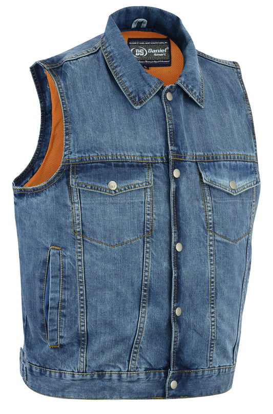 DM979BU Snap/Zipper Front Denim Vest- Blue Men's Vests Virginia City Motorcycle Company Apparel 