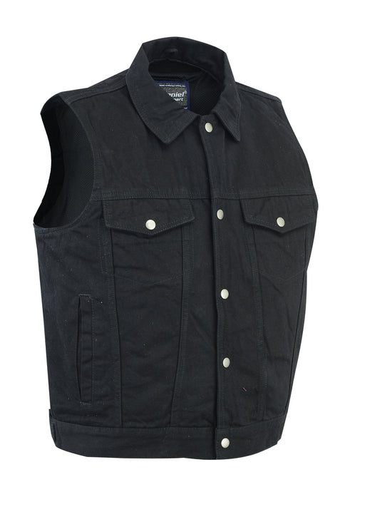 DM979BK Snap/Zipper Front Denim Vest- Black Men's Vests Virginia City Motorcycle Company Apparel 