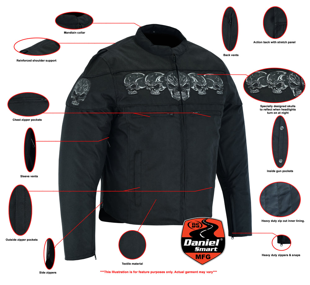 DS600 Men's Textile Scooter Style Jacket w/ Reflective Skulls Mens Textile Motorcycle Jackets Virginia City Motorcycle Company Apparel 