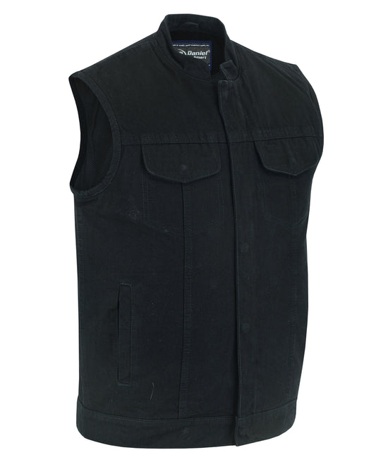 DM989BK Concealed Snap Closure, Denim Material, Scoop Collar & Hidden Men's Vests Virginia City Motorcycle Company Apparel 