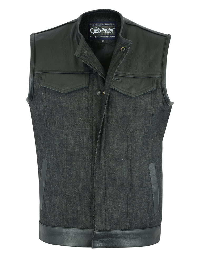 DM901   Men's Leather/Denim Combo Vest Without Collar Men's Vests Virginia City Motorcycle Company Apparel 