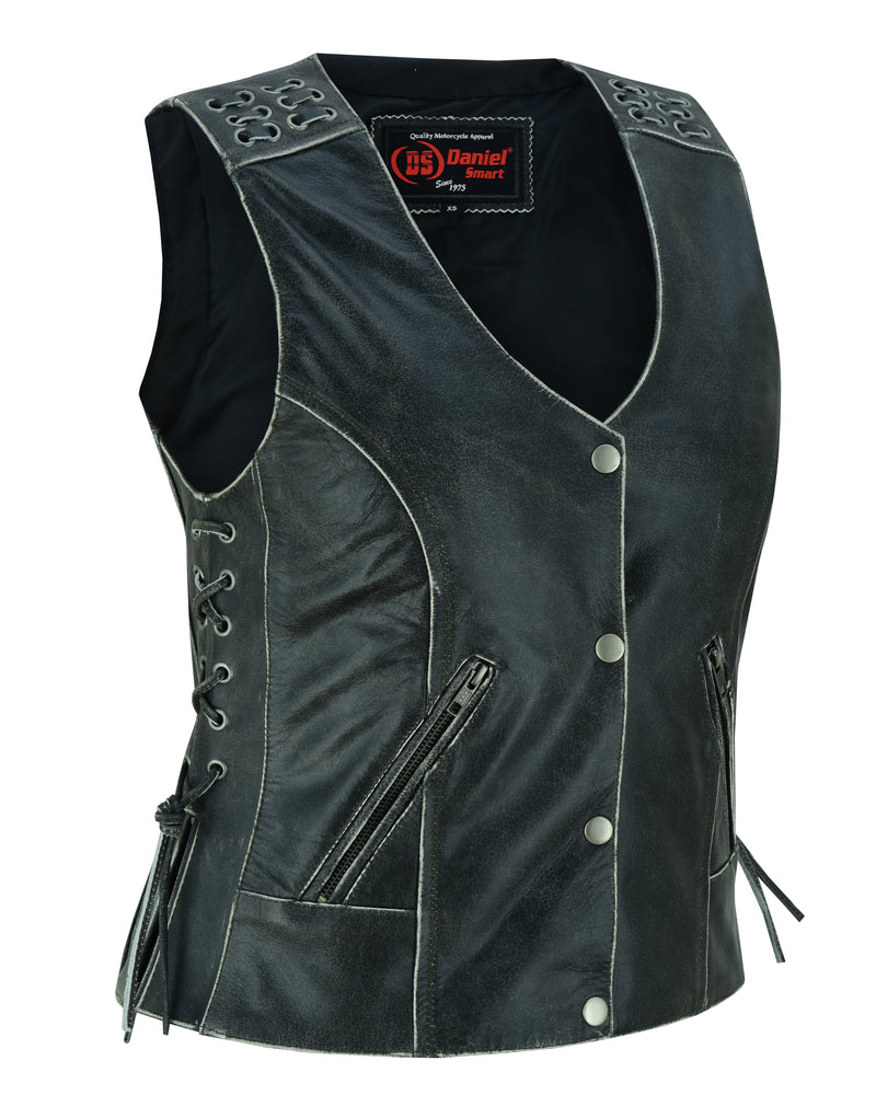 DS285V Women's Gray Vest with Grommet and Lacing Accents Women's Vests Virginia City Motorcycle Company Apparel 