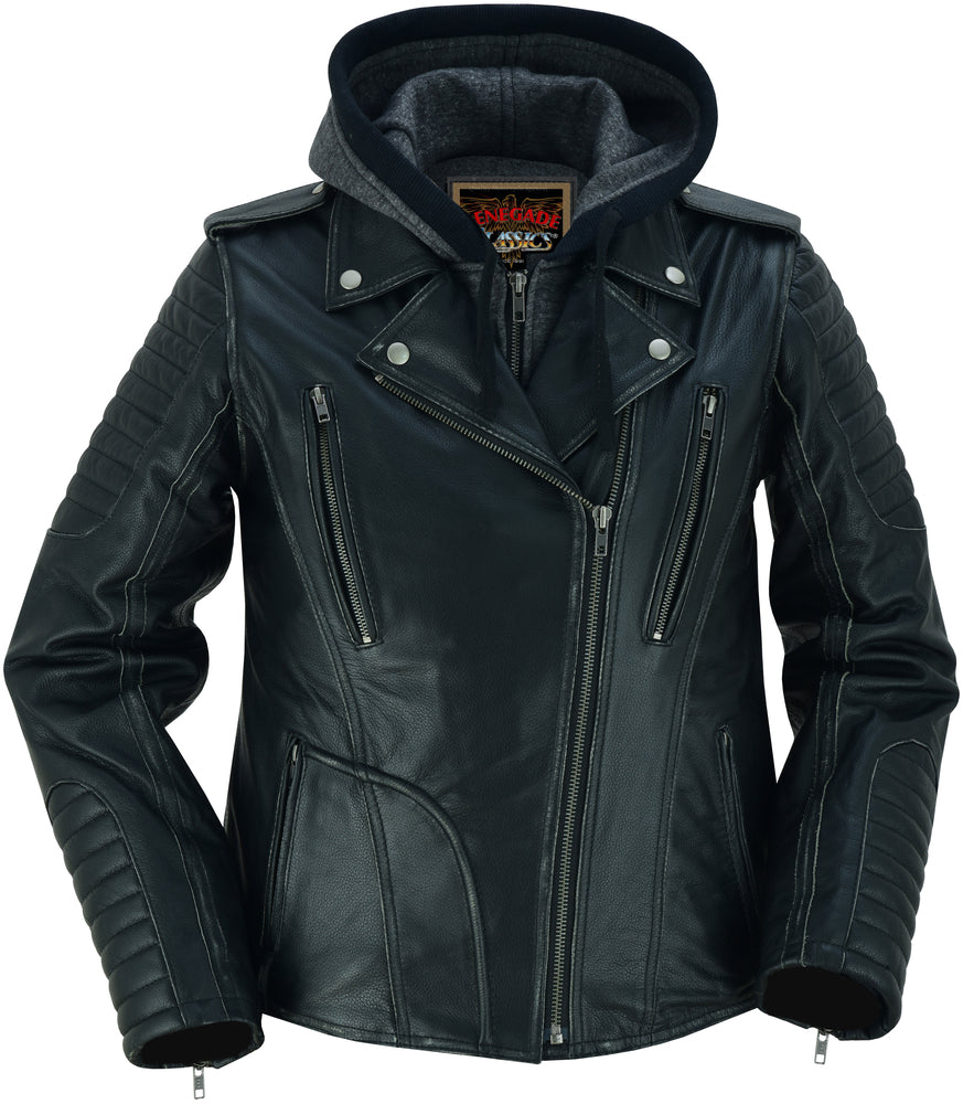 RC877 Women's Hooded Motorcycle Jacket with Rub-Off Finish Women's Leather Motorcycle Jackets Virginia City Motorcycle Company Apparel in Nevada USA