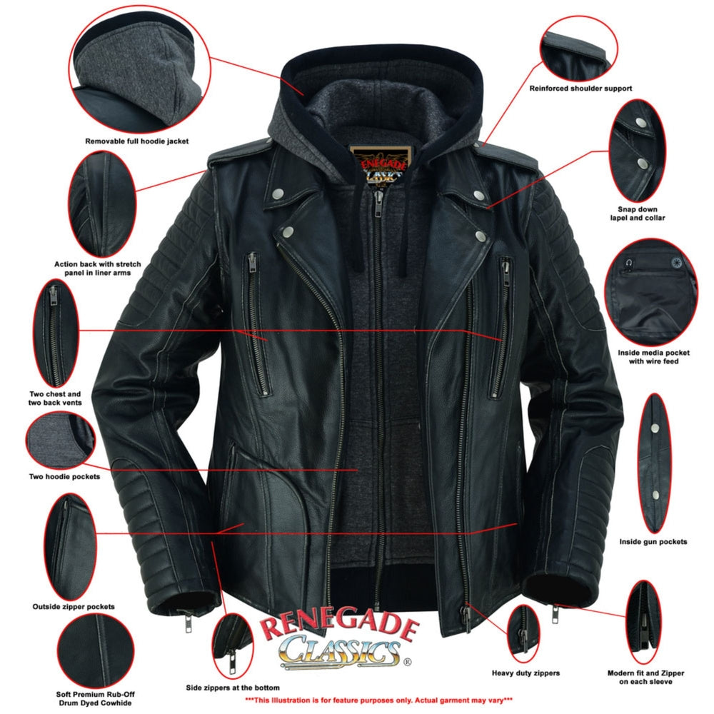 RC877 Women's Hooded Motorcycle Jacket with Rub-Off Finish Women's Leather Motorcycle Jackets Virginia City Motorcycle Company Apparel in Nevada USA