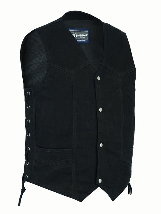 DM911 Men's Traditional Denim Vest with Side Laces Men's Vests Virginia City Motorcycle Company Apparel 