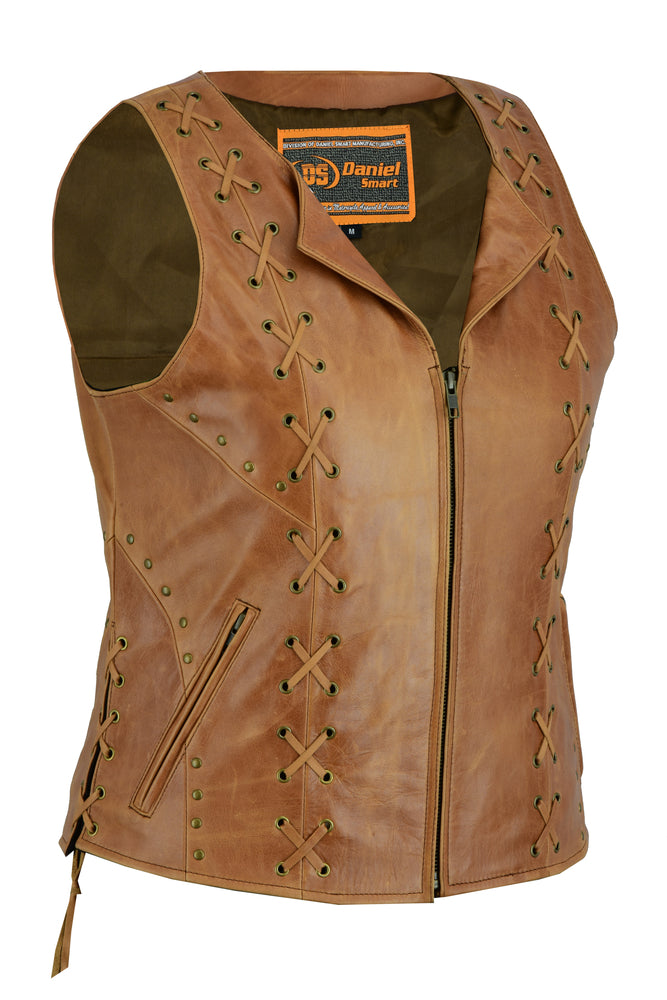 DS236 Women's Brown Zippered Vest with Lacing Details Women's Vests Virginia City Motorcycle Company Apparel 