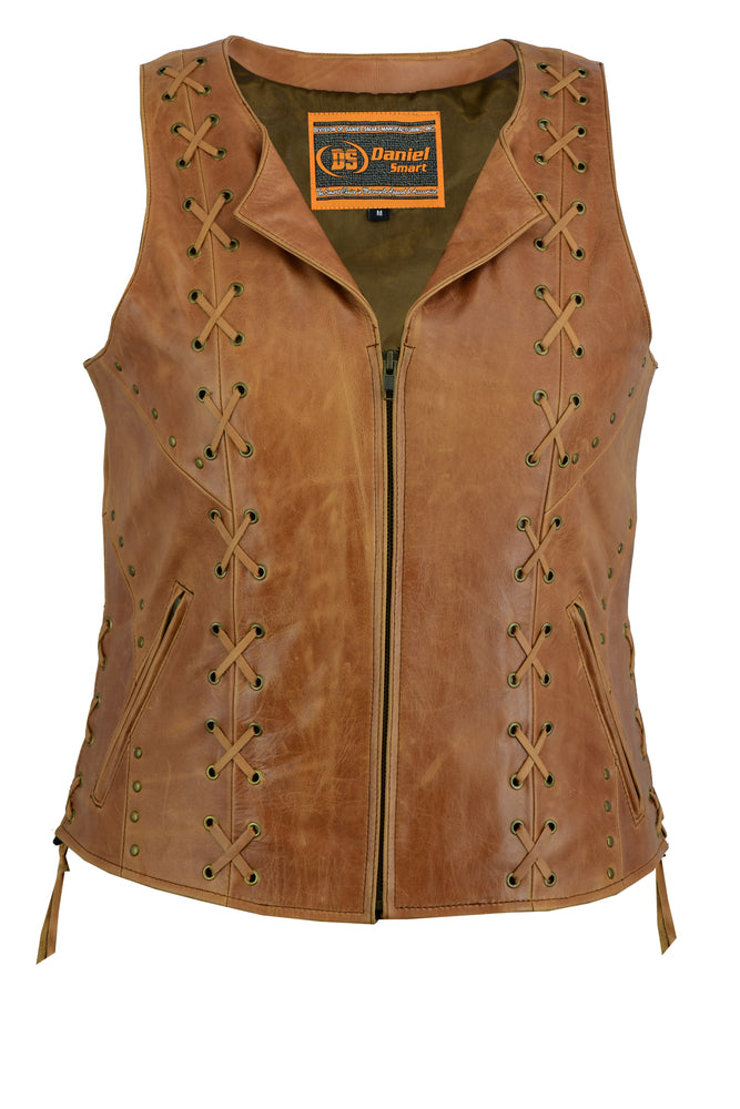 DS236 Women's Brown Zippered Vest with Lacing Details Women's Vests Virginia City Motorcycle Company Apparel 