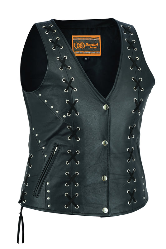 DS234 Women's Open neck Vest with Lacing Details Women's Vests Virginia City Motorcycle Company Apparel 